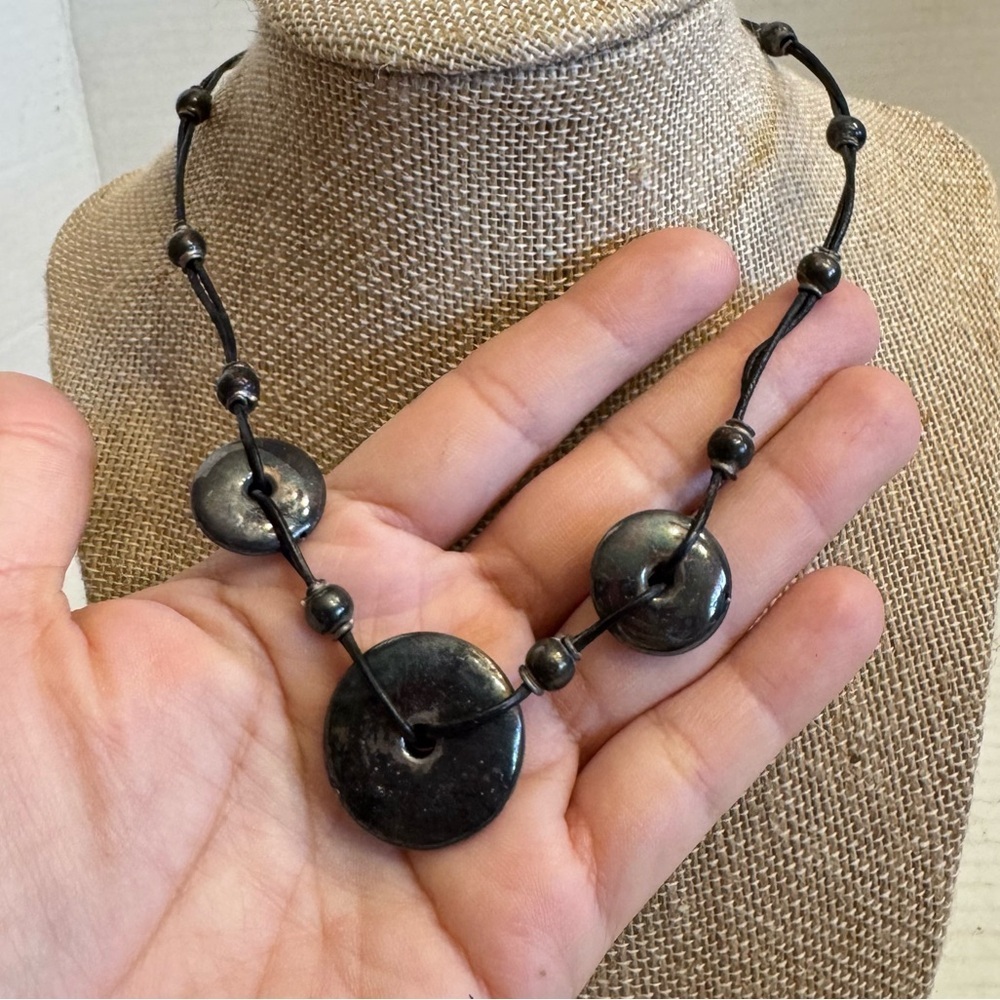 925 Sterling Silver Round Puffer Circle Discs Leather Cord Necklace Made Italy